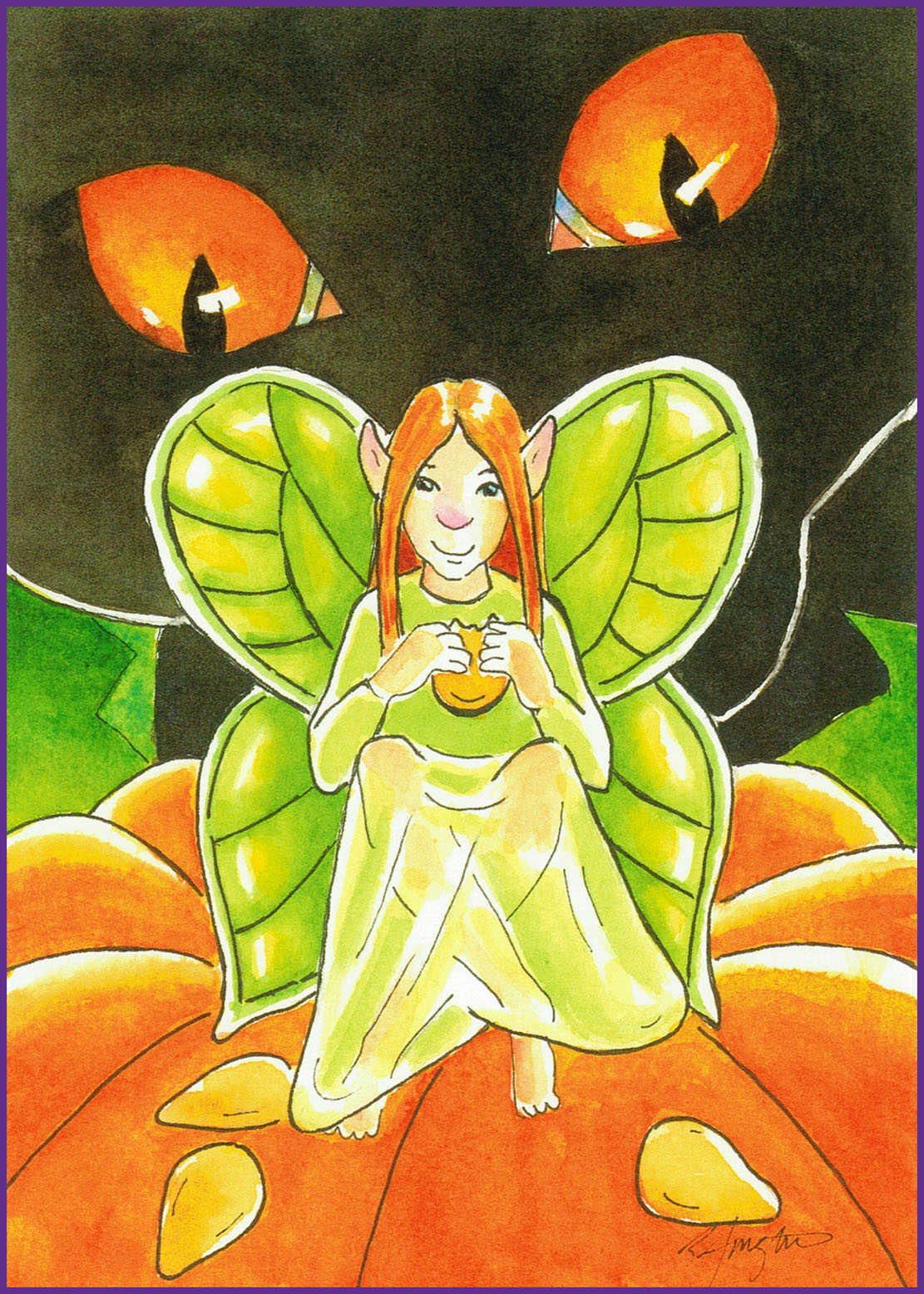 fairy eating pumpkin seeds black cat spying